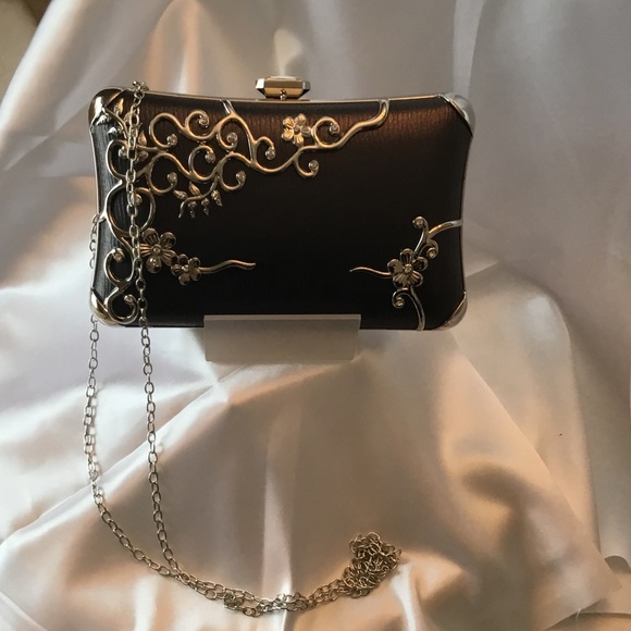 Fabulous Dark Grey Silver Scroll Detail Evening Bag - Picture 11 of 14